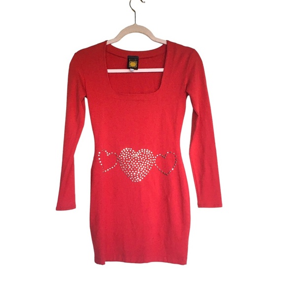 Vintage 80s Valentines Day Red Heart Dress Studded Hearts Bodycon mini dress - Picture 1 of 8